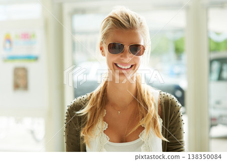 Woman, sunglasses and portrait outdoor smile in sun stylish fashion for summer vacation, luxury or retail. Female model person, happy face and shades casual holiday shopping, boutique product or gift Woman, sunglasses and portrait outdoor smile in sun stylish fashion for summer vacation, luxury or retail. Female model person, happy face and shades casual holiday shopping, boutique product or gift 138350084