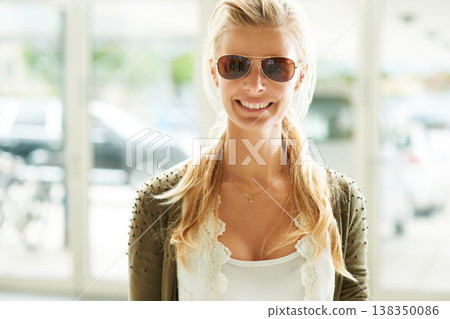 Woman, sunglasses and smile portrait fashion luxury designer, trends or stylish clothes. Female person, shades or happy face for cool fun fancy accessory eyewear, glamour or casual confident outfit 138350086