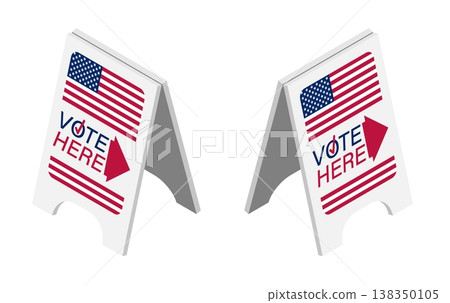 Isometric Vote here plastic floor sign to indicate directions to the polling station. Cartoon 3D vector on blue background 138350105