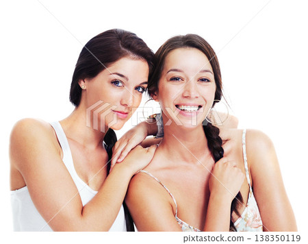Women, friends and portrait studio pose fashion smile for bond together, support or trust partnership. Female model person or happy face for kindness sisterhood beauty love, white background or emoji Women, friends and portrait studio pose fashion smile for bond together, support or trust partnership. Female model person or happy face for kindness sisterhood beauty love, white background or emoji 138350119