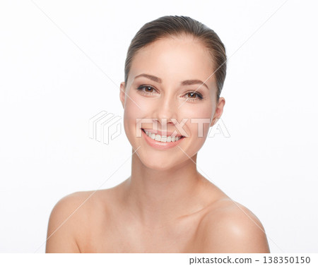 Woman, skincare or studio for shine portrait beauty or cosmetic peel, glow or smile. Model face, clean natural detox or facial exfoliate wellness results, collagen shine hydration on white background 138350150