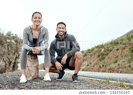 Relax, portrait and fitness with couple in nature for cardio challenge, bonding or workout. Wellness, support and runner practice with man and woman outdoor for training, exercise and sports break 138350165