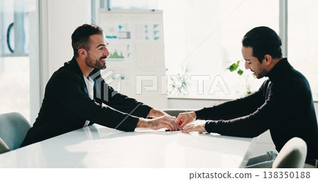Offer, sign and men in office for business, finance advice or investment proposal. Businessman, advisor or contract discussion for partnership, agreement or pitch in company for growth in economy 138350188
