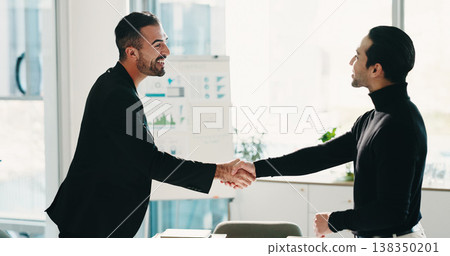 Business, office or handshake with men for deal, financial partnership or acquisition with agreement. Smile, people and shaking hands for collaboration in company, b2b investment or corporate merger Business, office or handshake with men for deal, financial partnership or acquisition with agreement. Smile, people and shaking hands for collaboration in company, b2b investment or corporate merger 138350201
