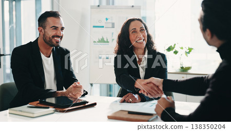 Business people, office and handshake for acquisition, financial partnership or deal with agreement. Smile, team and shaking hands for collaboration in company, b2b investment and corporate merger Business people, office and handshake for acquisition, financial partnership or deal with agreement. Smile, team and shaking hands for collaboration in company, b2b investment and corporate merger 138350204