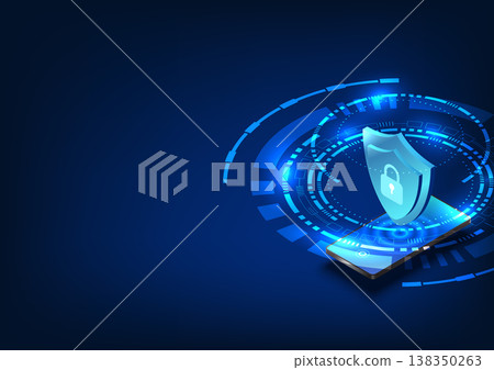 Smartphone technology with a shield and a lock with a technology circle around it. Refers to the technology inside the mobile phone, there is a system to prevent data from being stolen and lost. Smartphone technology with a shield and a lock with a technology circle around it. Refers to the technology inside the mobile phone, there is a system to prevent data from being stolen and lost. 138350263