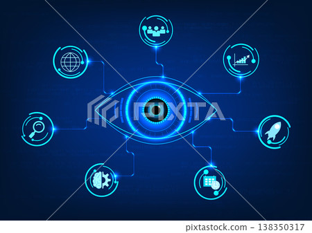 Eye technology connects circuit boards with smart technology. Refers to looking at modern technology to help solve business problems by using technology to solve them. code number background Eye technology connects circuit boards with smart technology. Refers to looking at modern technology to help solve business problems by using technology to solve them. code number background 138350317