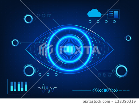 Eye technology with scanning technology information. Refers to the use of technology to help look for flaws in business or industry work to be solved quickly superior to their counterparts in business 138350319