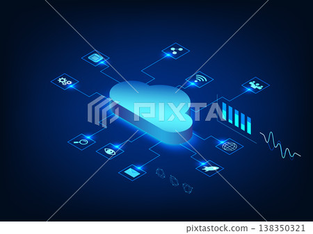 Isometric smart technology, a circuit connected to cloud technology that sends data over a secure Internet system. The back is a number code running along with the technology icon. 138350321