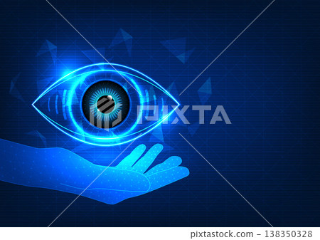 Business hand holding technology eye geometric shapes overlap behind each other. Refers to business people who are looking for technology help their businesses grow more advanced than their competitor 138350328