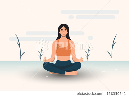 Meditation, The Woman sits cross-legged to meditate to calm her mind. Give rise to new work ideas Vector illustration blue tone background Meditation, The Woman sits cross-legged to meditate to calm her mind. Give rise to new work ideas Vector illustration blue tone background 138350341