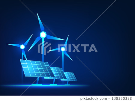 Windmill technology and solar panels It is a clean energy technology that produces electricity for cities. Energy derived from wind and thermal energy from the sun. Vector illustration 138350358