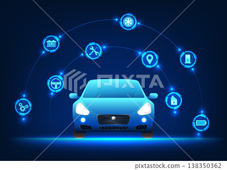 Car technology connected car parts icon It represents a car that is driven by innovations that provide better fuel efficiency and a wider range of applications. 138350362