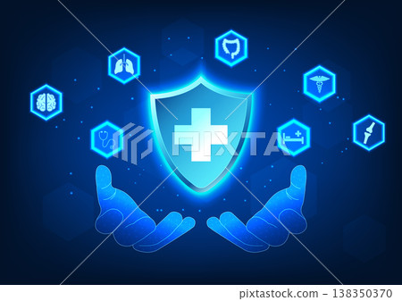 Medical technology A hand is holding a shield with the Medical Neutrality symbol with medical icons on the side. Refers to modern medical technology as a tool to help prevent disease and treat patient 138350370