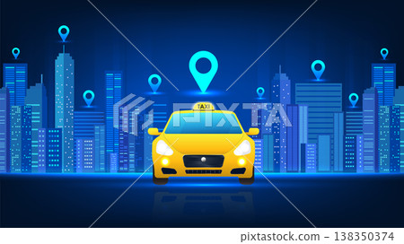 Location identification technology The taxi is in front of the smart city. There is a pin on the top of the building. Technology that uses positioning to navigate to a predetermined point. Location identification technology The taxi is in front of the smart city. There is a pin on the top of the building. Technology that uses positioning to navigate to a predetermined point. 138350374