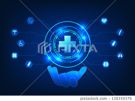 Medical technology Hand holding technology circle connected to medical icons It represents the hands of doctors using technology to help treat patients faster. 138350376