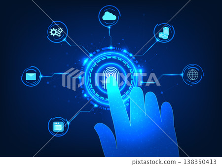 Security technology Finger scanning fingerprint surrounded by a technology circle with icon Represents a security technology that uses fingerprint scanning to provide access to an individual's data. Security technology Finger scanning fingerprint surrounded by a technology circle with icon Represents a security technology that uses fingerprint scanning to provide access to an individual's data. 138350413