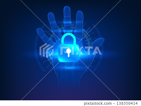 Security technology The lock is in the middle of the hand. Behind it is a technology circle. means technology security That requires a person's identity to access important information Security technology The lock is in the middle of the hand. Behind it is a technology circle. means technology security That requires a person's identity to access important information 138350414