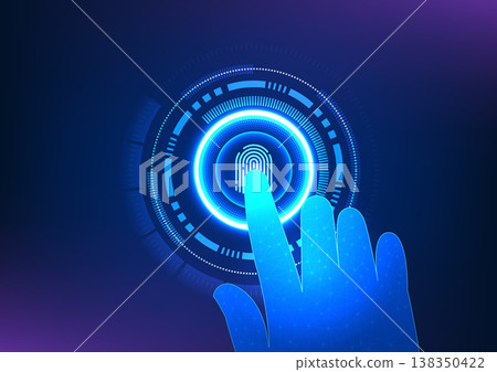 Security technology with fingerprint scanning The fingerprint is inside the technology circle with a hand coming in to scan it. Technology that provides identification before accessing data. 138350422