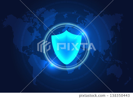 Technology shield is on the world map with the technology circle. It is software used to protect against data theft or cyber attacks. It is commonly used by groups of banks and companies. 138350443