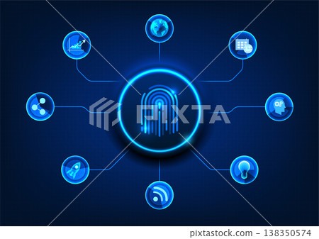 Smart technology background with fingerprint scanner button used for authentication to access sensitive information in the internet network. It is a technology for protecting personal information. 138350574