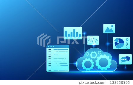 Cloud technology inside has gears along with a screen displaying command codes, charts, and icons. Software connected to the cloud system. There are orders for industrial business work. Cloud technology inside has gears along with a screen displaying command codes, charts, and icons. Software connected to the cloud system. There are orders for industrial business work. 138350595