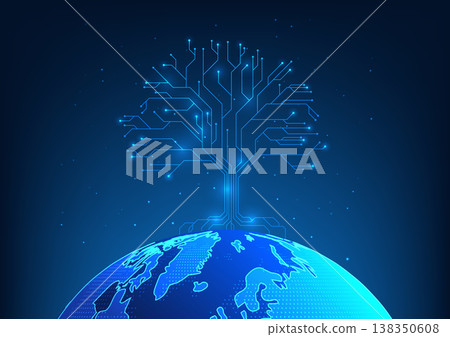 Renewable energy technology The tree is a pattern of technological circuits with branching connections to the world. Media about the use of renewable energy Helps reduce global warming and pollution. 138350608
