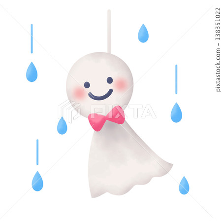 Illustration of a smiling teru teru bozu (weather doll) and raindrops 138351022
