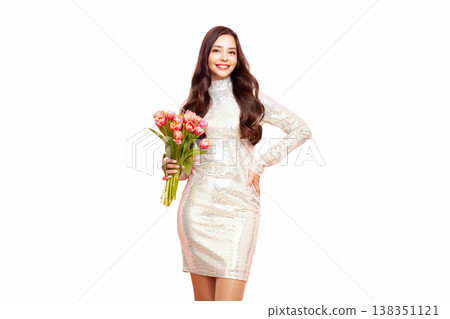 Happy beauty woman with pink tulip bouquet Happy beauty woman with pink tulip bouquet 138351121