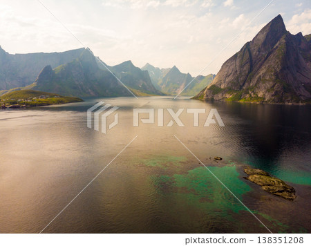 Fjord and mountains landscape. Lofoten islands Norway Fjord and mountains landscape. Lofoten islands Norway 138351208