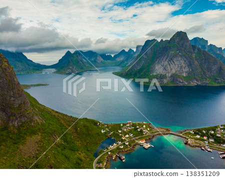 Fjord and mountains landscape. Lofoten islands Norway Fjord and mountains landscape. Lofoten islands Norway 138351209
