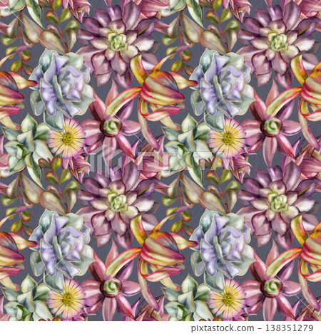 Rosette echeveria succulents with symmetrical fleshy leaves, daisy flowers seamless botanical pattern. Isolated on dark, hand drawn in watercolor. Wrapping paper, eco packaging, stationery backgrounds Rosette echeveria succulents with symmetrical fleshy leaves, daisy flowers seamless botanical pattern. Isolated on dark, hand drawn in watercolor. Wrapping paper, eco packaging, stationery backgrounds 138351279