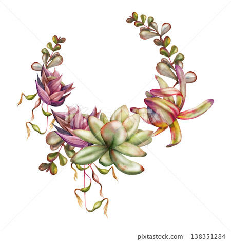Watercolor kalanchoe rosette succulents, protea, cascading foliage of tropical bromeliad vine, sedum leaves. Wreath frame hand drawn for organic skincare packaging, florist branding, boutique labels. Watercolor kalanchoe rosette succulents, protea, cascading foliage of tropical bromeliad vine, sedum leaves. Wreath frame hand drawn for organic skincare packaging, florist branding, boutique labels. 138351284