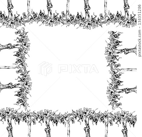 Vineyard landscape scenery, grapevine with grape clusters ready to harvest, leafy canopy, thick trunks. Hand drawn square border frame in ink lines vector illustration. Tourism, wine route promotion Vineyard landscape scenery, grapevine with grape clusters ready to harvest, leafy canopy, thick trunks. Hand drawn square border frame in ink lines vector illustration. Tourism, wine route promotion 138351286