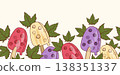 Organic Fruity Popsicle Seamless Border. Horizontal Pattern Natural Fruit Ice, Red, White, Black  Currant Berries and Leaves on White Background. Website Header with Copy Space. Vector Illustration. 138351337