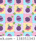 Seamless Kawaii Blackcurrant Pattern. Cute Funny Berry Mascot Character Sticker on Groovy Colorful Checkerboard Background Tile  with Sunburst Rays for Kids Textile and Packaging. Vector illustration 138351343