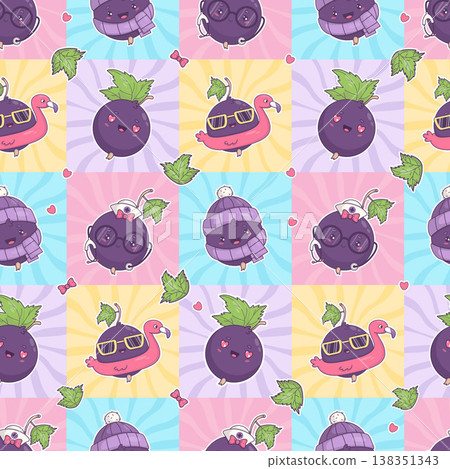 Seamless Kawaii Blackcurrant Pattern. Cute Funny Berry Mascot Character Sticker on Groovy Colorful Checkerboard Background Tile with Sunburst Rays for Kids Textile and Packaging. Vector illustration Seamless Kawaii Blackcurrant Pattern. Cute Funny Berry Mascot Character Sticker on Groovy Colorful Checkerboard Background Tile with Sunburst Rays for Kids Textile and Packaging. Vector illustration 138351343