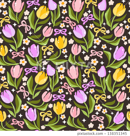 Cute Spring Coquette Tulip floral seamless garden Cute Spring Coquette Tulip floral seamless garden 138351345