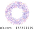 A round wreath featuring watercolor pink and light purple hydrangeas and small flowers. 138351419