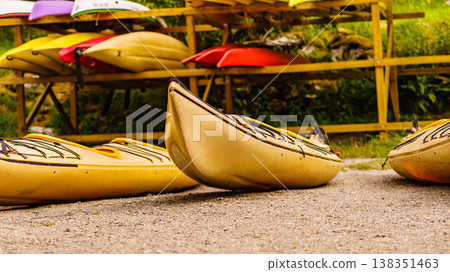 Kayaks on water shore. Rental area Kayaks on water shore. Rental area 138351463