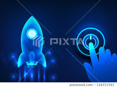 Vector illustration of a rising rocket with a hand pushing a start button. Technology concepts that are rapidly evolving with the ability of human beings. 138351591