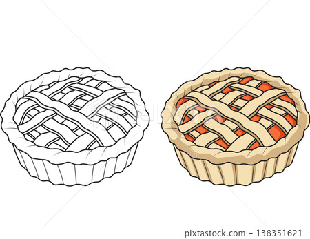 Pie outline and colored version side by side, hand drawn dessert vector illustration for coloring book pages Pie outline and colored version side by side, hand drawn dessert vector illustration for coloring book pages 138351621