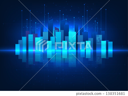 Smart City Technology The city has a reflection on the circuit behind it. It represents a smart city that has better facilities for people in the city. 138351681