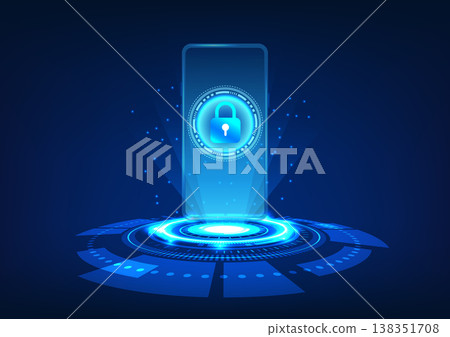 Smartphone technology Mobile phone on technology circle with screen and lock. Mobile security system. Prevent data theft and loss. Smartphone technology Mobile phone on technology circle with screen and lock. Mobile security system. Prevent data theft and loss. 138351708