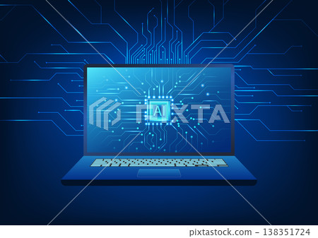 Artificial intelligence technology is present in the notebook. Behind the screen is a technology circuit board. The development of computer systems combined with AI to learn and respond to human use. Artificial intelligence technology is present in the notebook. Behind the screen is a technology circuit board. The development of computer systems combined with AI to learn and respond to human use. 138351724