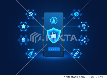 Smartphone technology with a shield on the front Mobile phones have privacy protection technology or data destruction attacks. It is a deterrent from losing or corrupting data. 138351793