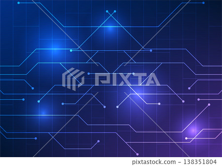 Abstract technology background. Chaotically stacked circuit board lines with horizontal stripes overlay, create a captivating composition. Set in a mesmerizing blue-violet tone. Abstract technology background. Chaotically stacked circuit board lines with horizontal stripes overlay, create a captivating composition. Set in a mesmerizing blue-violet tone. 138351804