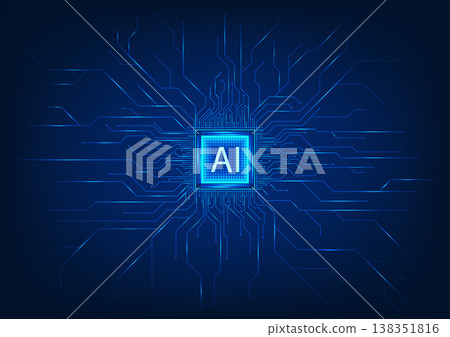 Power of Artificial intelligence technology with this futuristic vector illustration. A blue-toned microchip surrounded by a circuit board signifies the seamless integration of AI into modern tech. Power of Artificial intelligence technology with this futuristic vector illustration. A blue-toned microchip surrounded by a circuit board signifies the seamless integration of AI into modern tech. 138351816