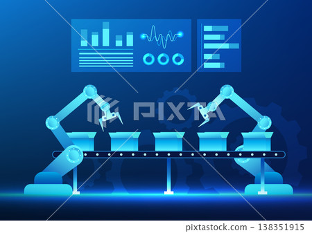 Industry 4.0 business technology, the mechanical manufacturing industry is working The top shows system information. It represents modern industry that is fully automated and increases efficiency. Industry 4.0 business technology, the mechanical manufacturing industry is working The top shows system information. It represents modern industry that is fully automated and increases efficiency. 138351915