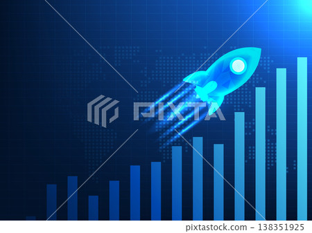 Background bar chart is a map of the world with rockets rising. It represents the growth of a company that increases profits, wins over competitors and expands business around the world. 138351925